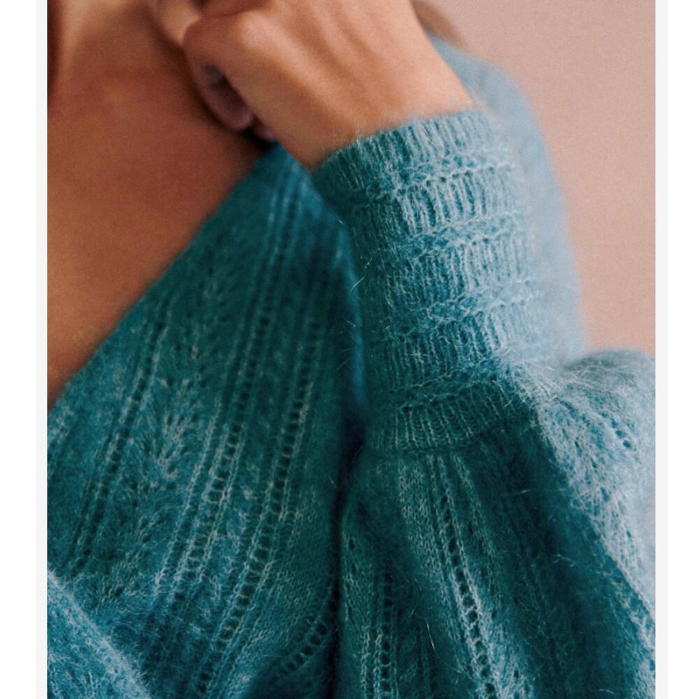 Sezane Cristina Jumper Blue Bleu Paon Sweater French Wool Mohair V Neck - Picture 5 of 9